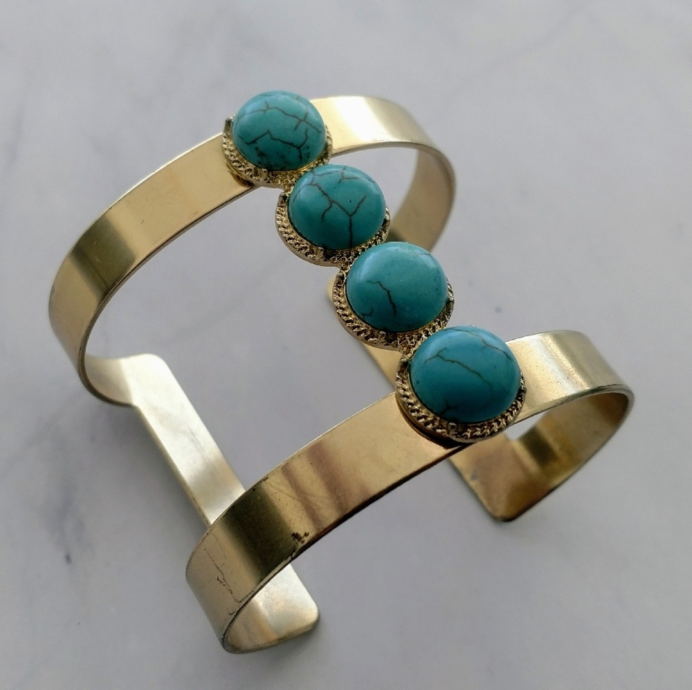 Gold Tone Cuff with Faux Turquoise Beads